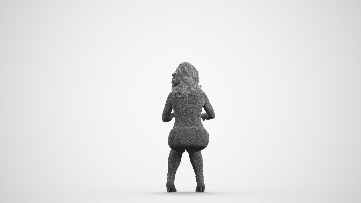 3D human model woman casual sitting, photogrammetry scanned person for archviz, wireframe front view