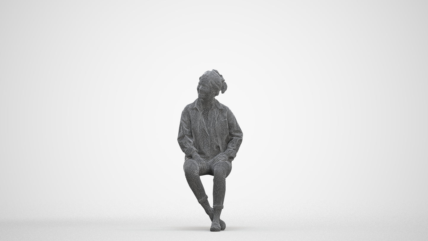 photogrammetry 3D woman casual sitting, realistic human model archviz FBX, three-quarter front view render