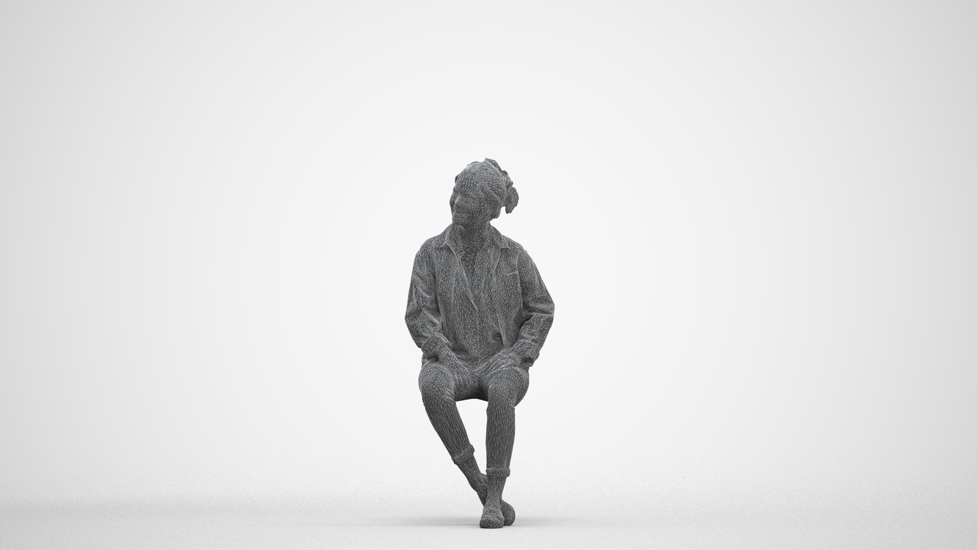 photogrammetry 3D woman casual sitting, realistic human model archviz FBX, three-quarter front view render