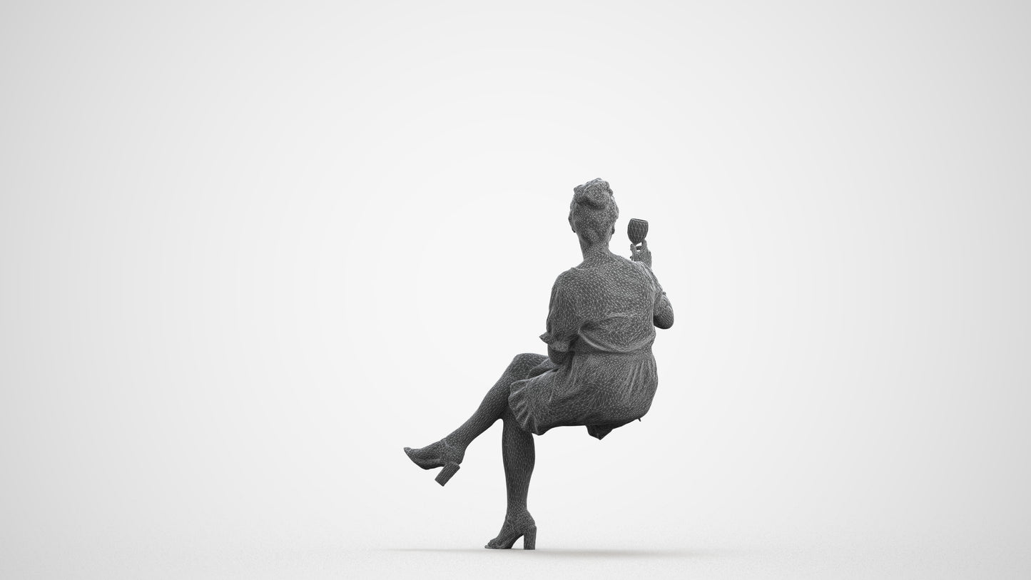 3D people model woman casual sitting, scanned human for 3ds Max rendering, wireframe front view