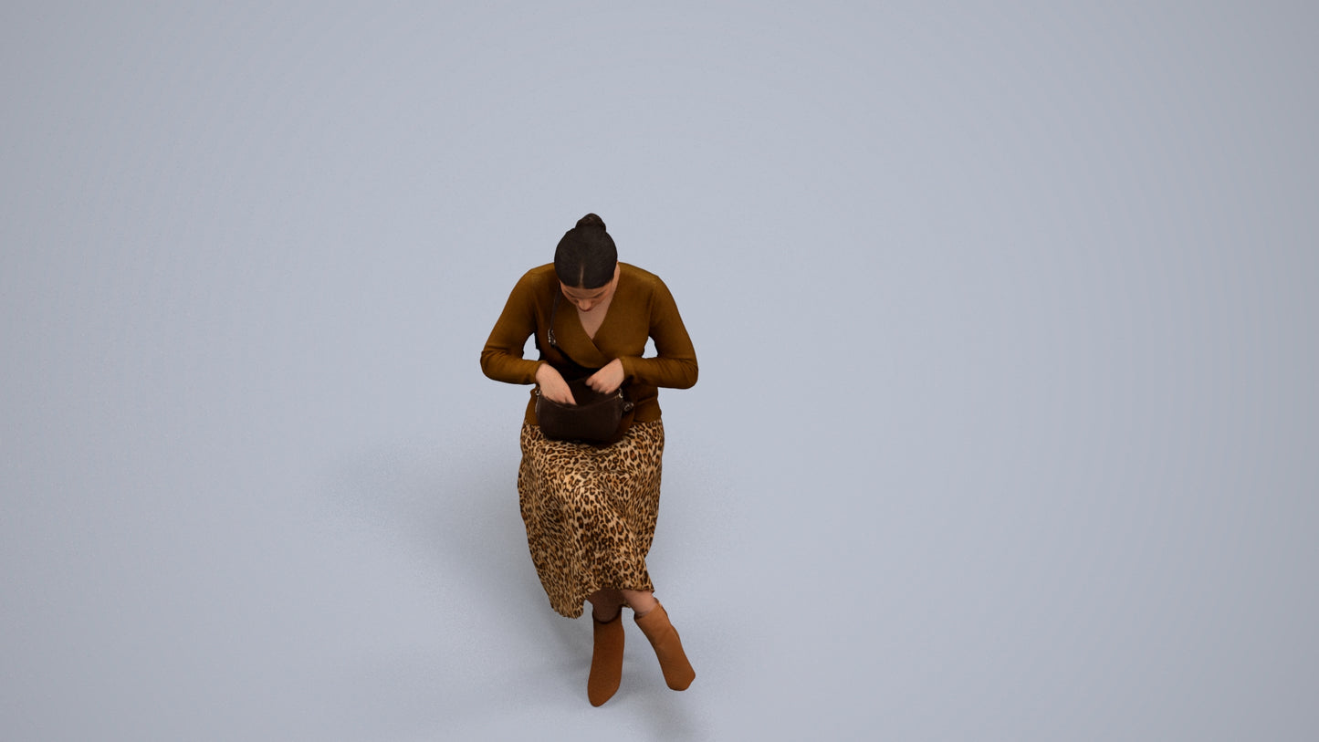 realistic 3D human woman casual sitting, archviz people FBX OBJ for Blender, back view render