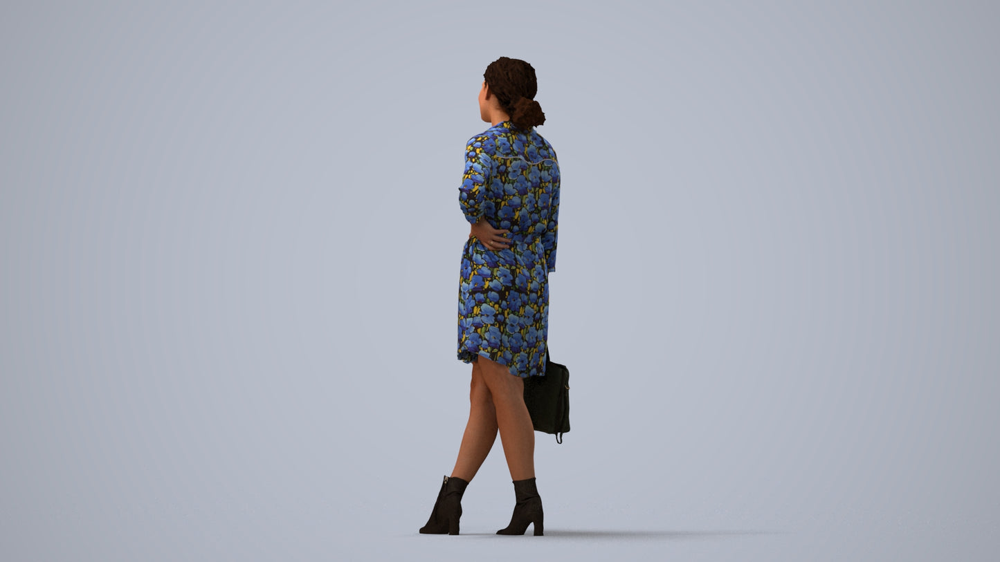 3D human model woman casual standing, photogrammetry scanned person for archviz, three-quarter view render