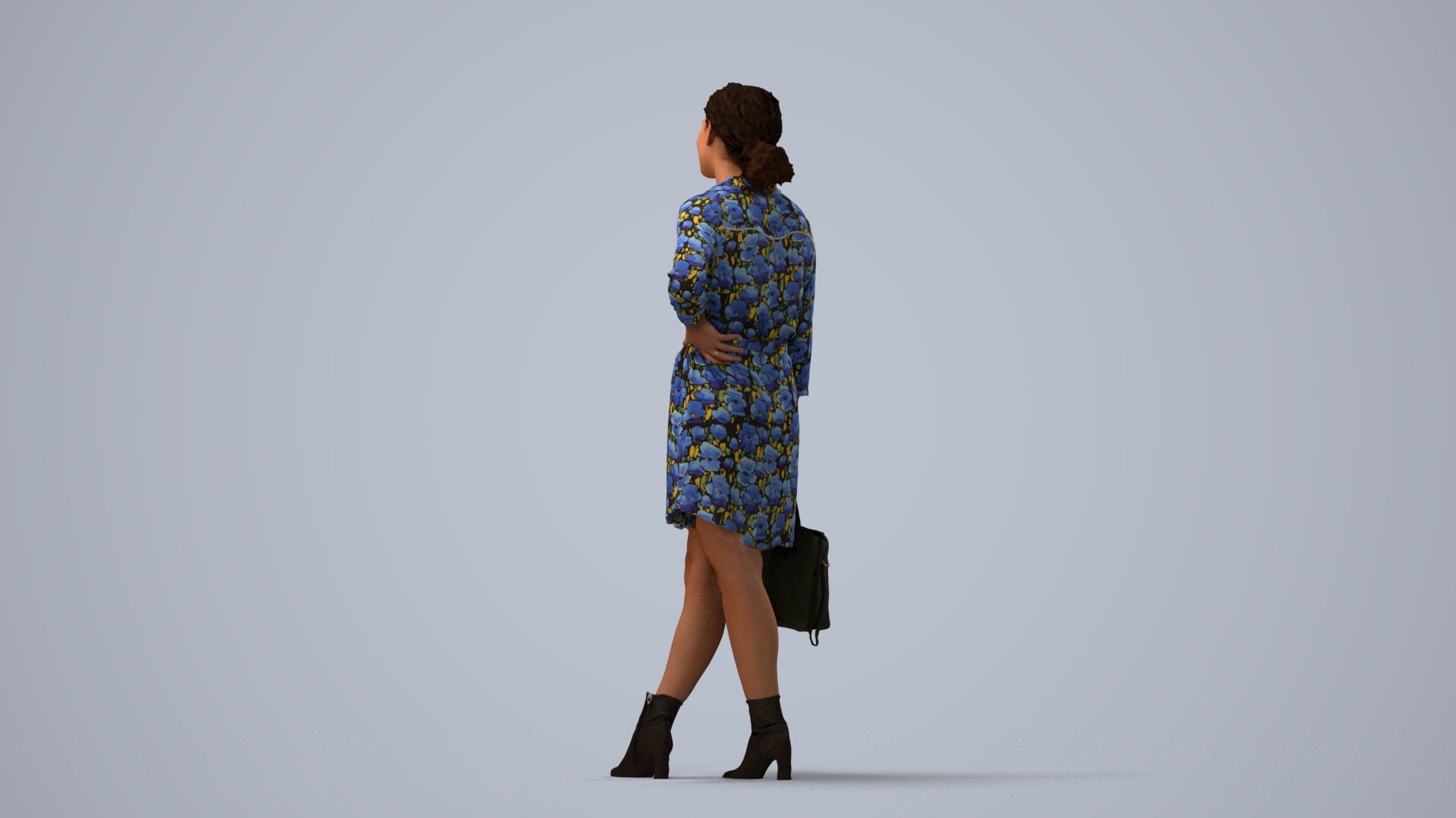 3D human model woman casual standing, photogrammetry scanned person for archviz, three-quarter view render