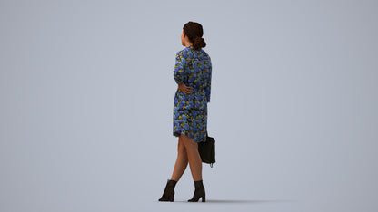 3D human model woman casual standing, photogrammetry scanned person for archviz, three-quarter view render
