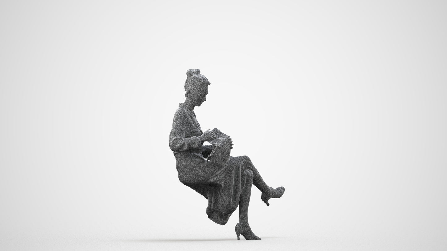 realistic 3D woman casual sitting, scanned archviz people for Blender and 3ds Max, wireframe side view