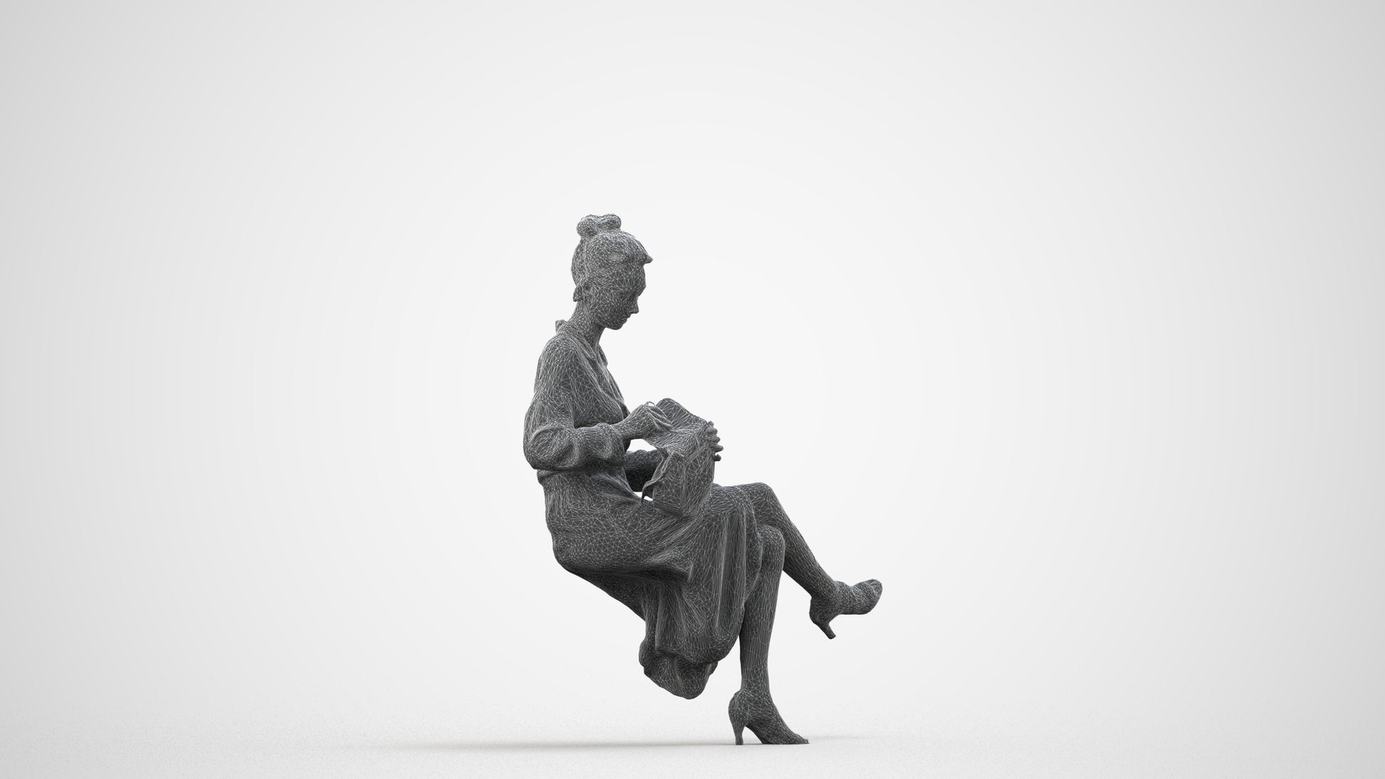 realistic 3D woman casual sitting, scanned archviz people for Blender and 3ds Max, wireframe side view