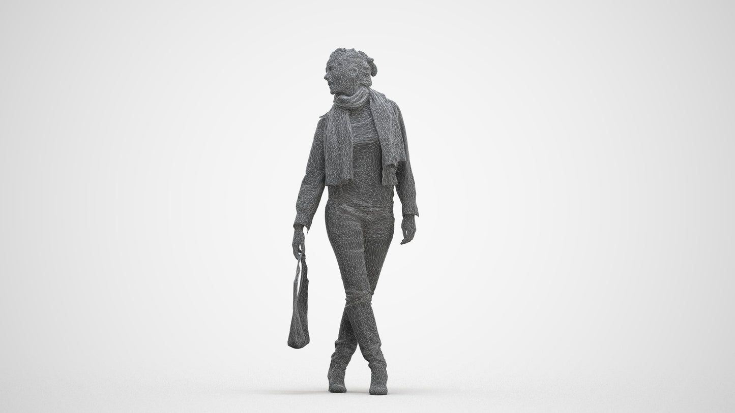 3D human model woman casual walking, photogrammetry scanned person for archviz, three-quarter front view render