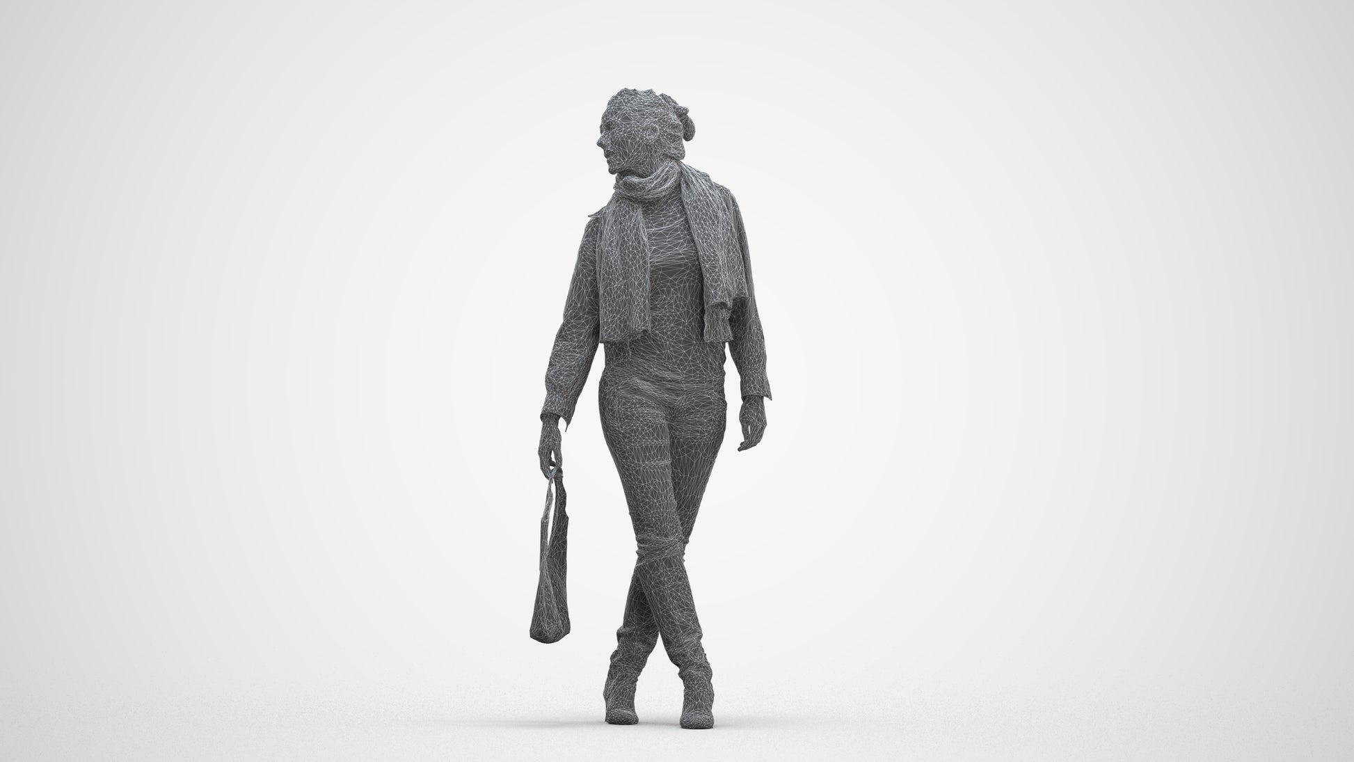 3D human model woman casual walking, photogrammetry scanned person for archviz, three-quarter front view render