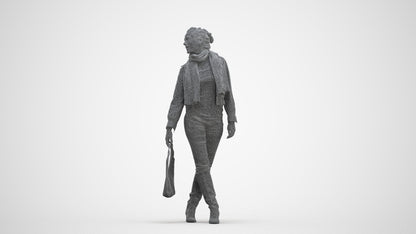 3D human model woman casual walking, photogrammetry scanned person for archviz, three-quarter front view render