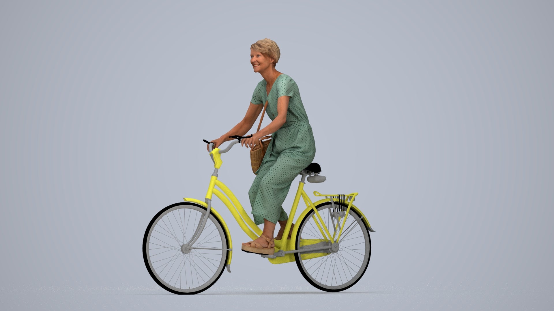 3D scanned senior woman cycling casual, photorealistic archviz people for Enscape and SketchUp, top-down view render