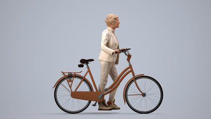 3D human model senior woman business cycling, photogrammetry scanned person for archviz, side view render