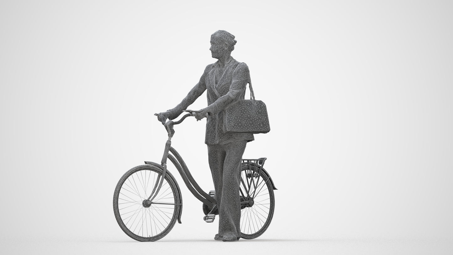 realistic 3D people senior woman business cycling, render-ready for V-Ray and Corona, FBX OBJ, wireframe back view