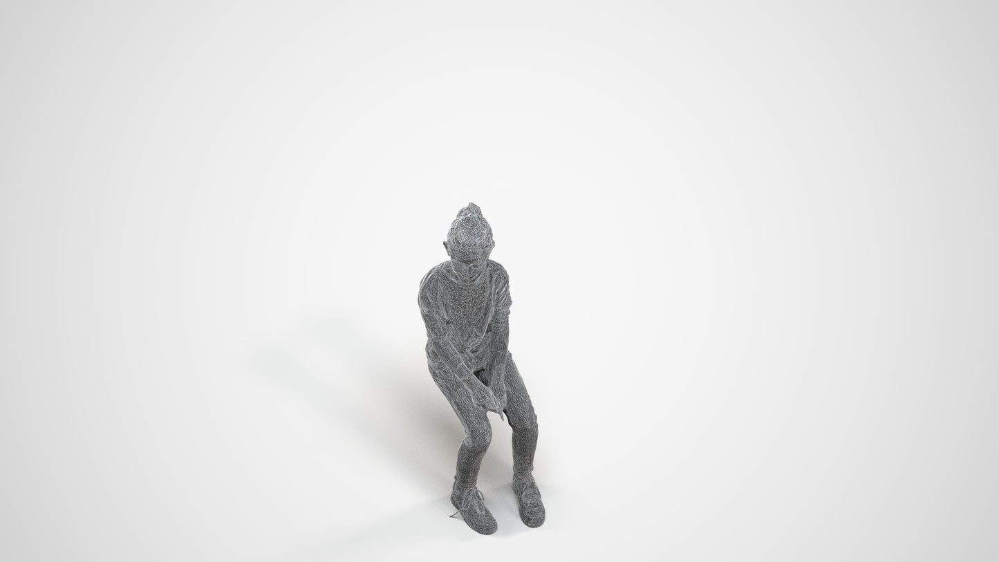 3D human model girl casual kids, photogrammetry scanned person for archviz, wireframe three-quarter view