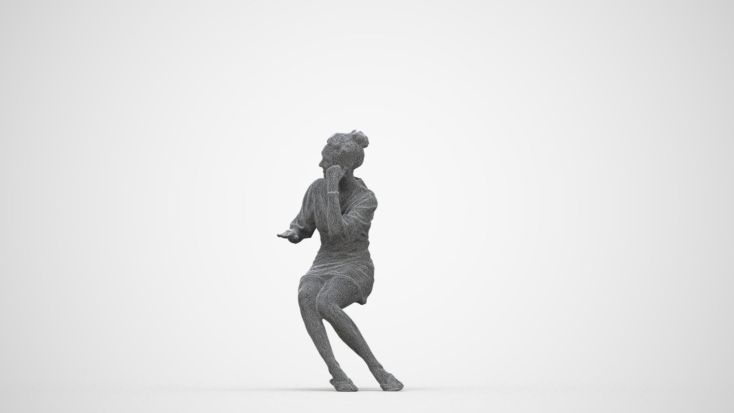 realistic 3D human woman casual sitting, archviz people FBX OBJ for Blender, wireframe back view