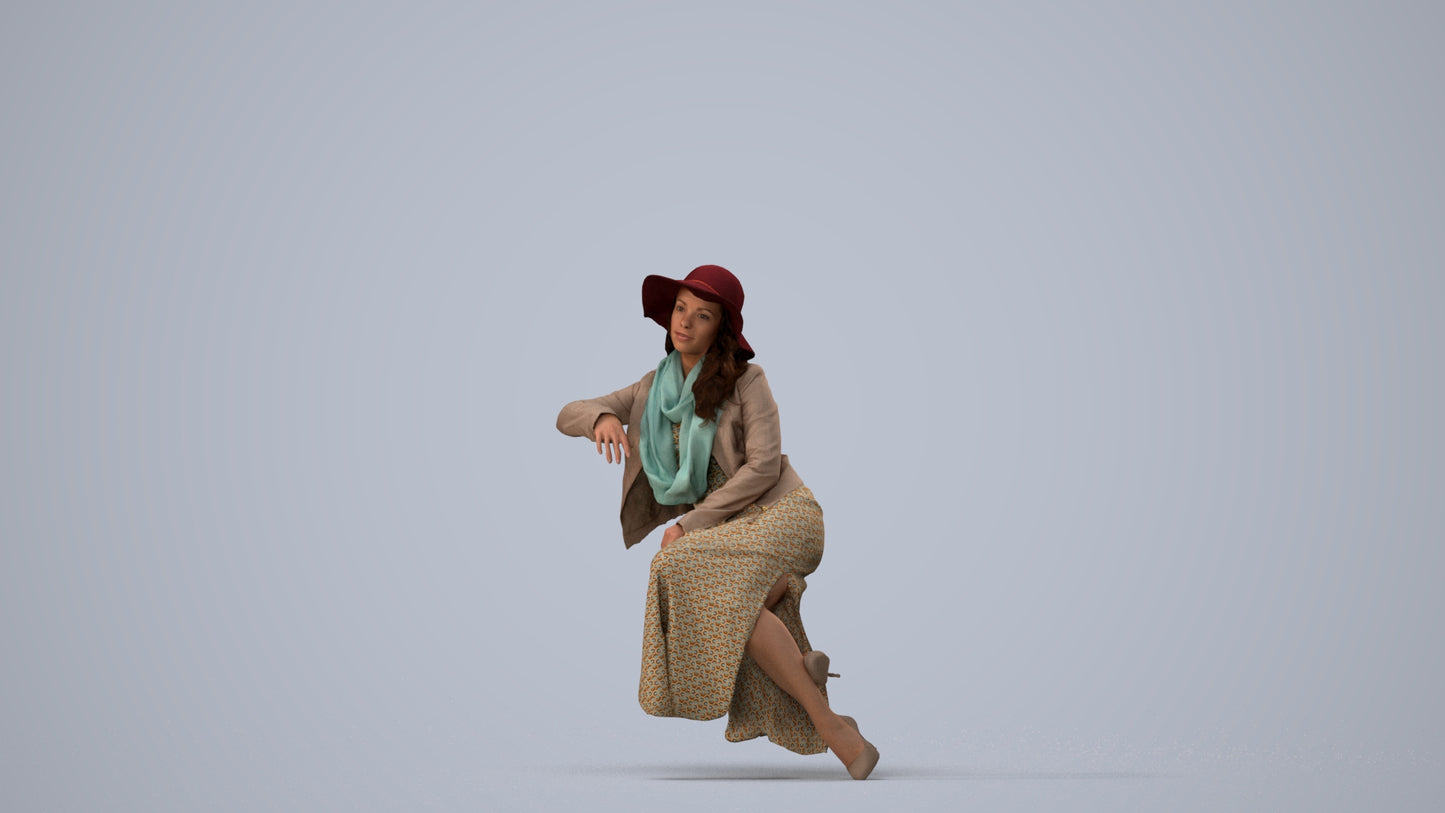 realistic 3D human woman casual sitting, archviz people FBX OBJ for Blender, three-quarter view render