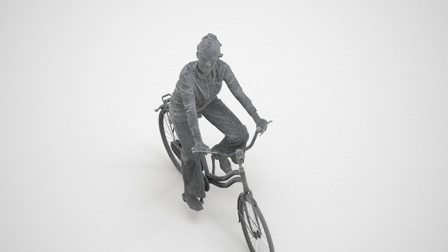 3D scanned woman cycling casual, photorealistic archviz people for Enscape and SketchUp, wireframe three-quarter view