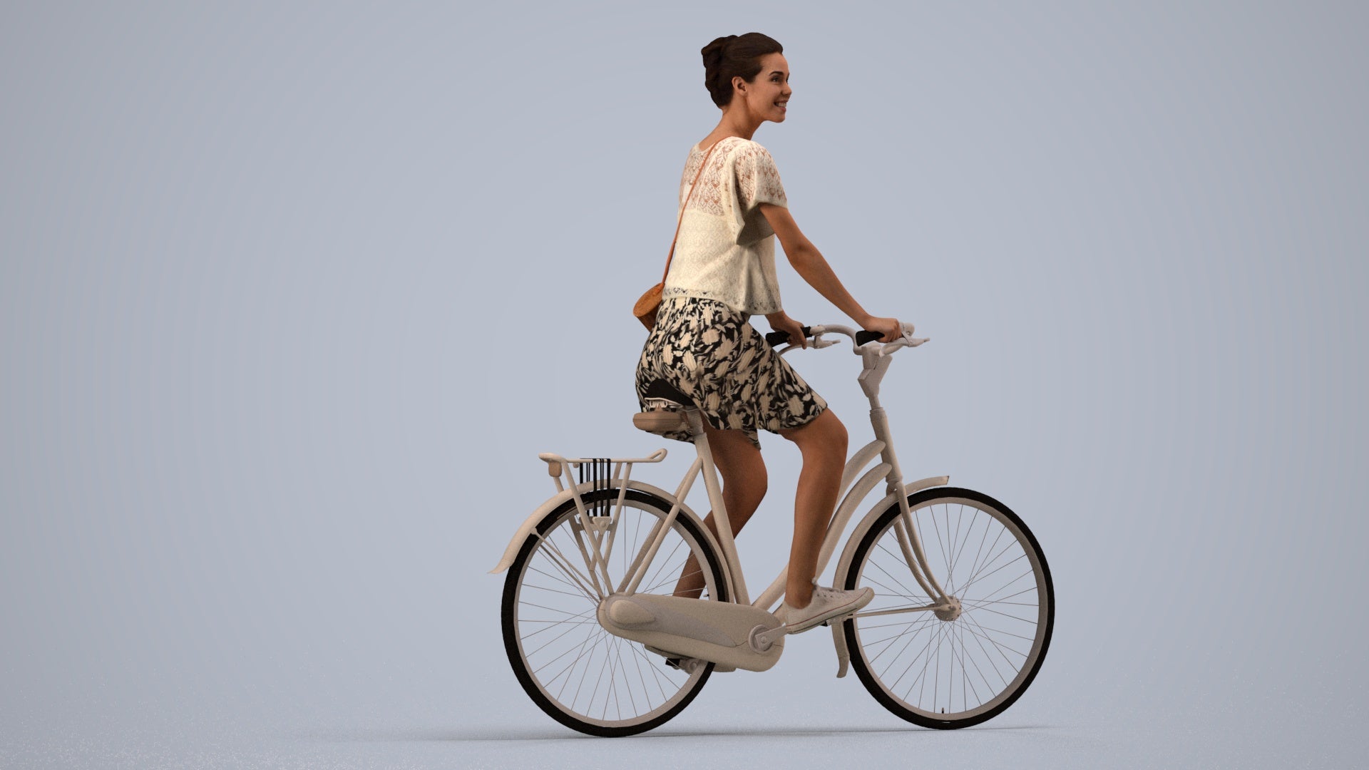 realistic 3D people woman formal cycling, render-ready for V-Ray and Corona, FBX OBJ, side view render