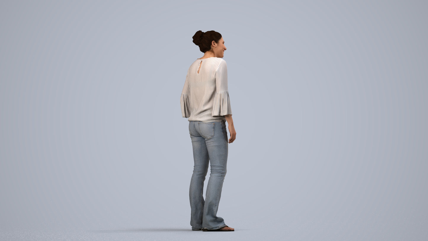 realistic 3D human woman casual standing, archviz people FBX OBJ for Blender, side view render
