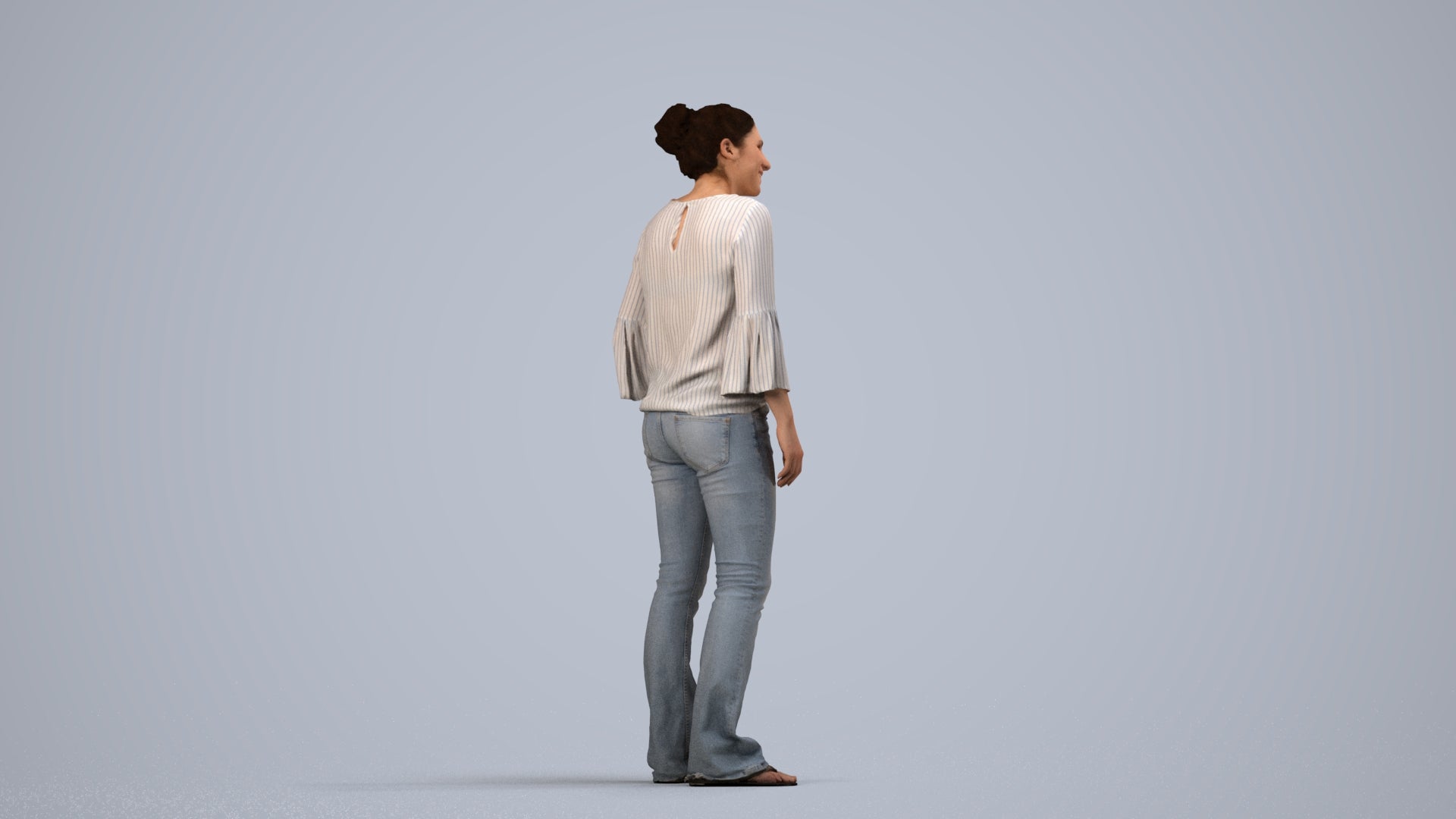 realistic 3D human woman casual standing, archviz people FBX OBJ for Blender, side view render