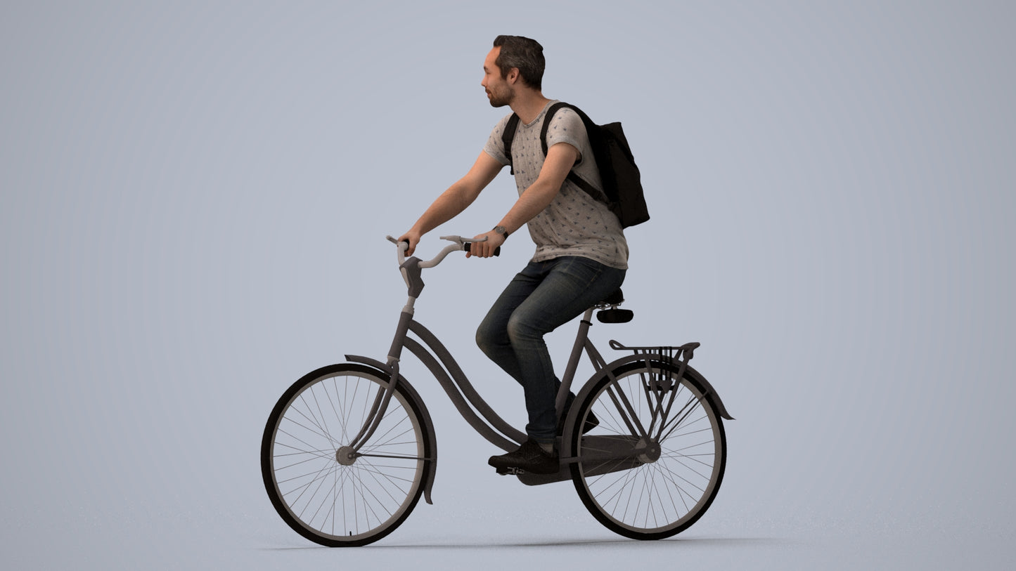realistic 3D human man casual cycling, archviz people FBX OBJ for Blender, three-quarter view render