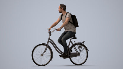 realistic 3D human man casual cycling, archviz people FBX OBJ for Blender, three-quarter view render