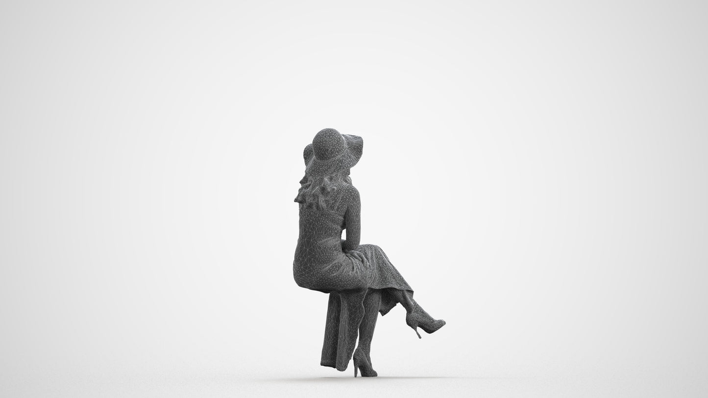 scanned 3D woman casual sitting, photogrammetry people for Enscape and V-Ray, wireframe front view