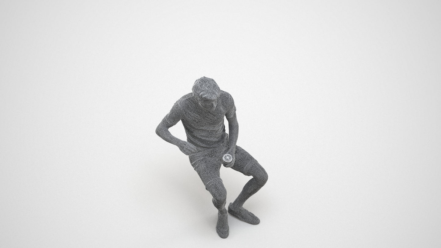 photogrammetry 3D man casual sitting, realistic human model archviz FBX, wireframe three-quarter view