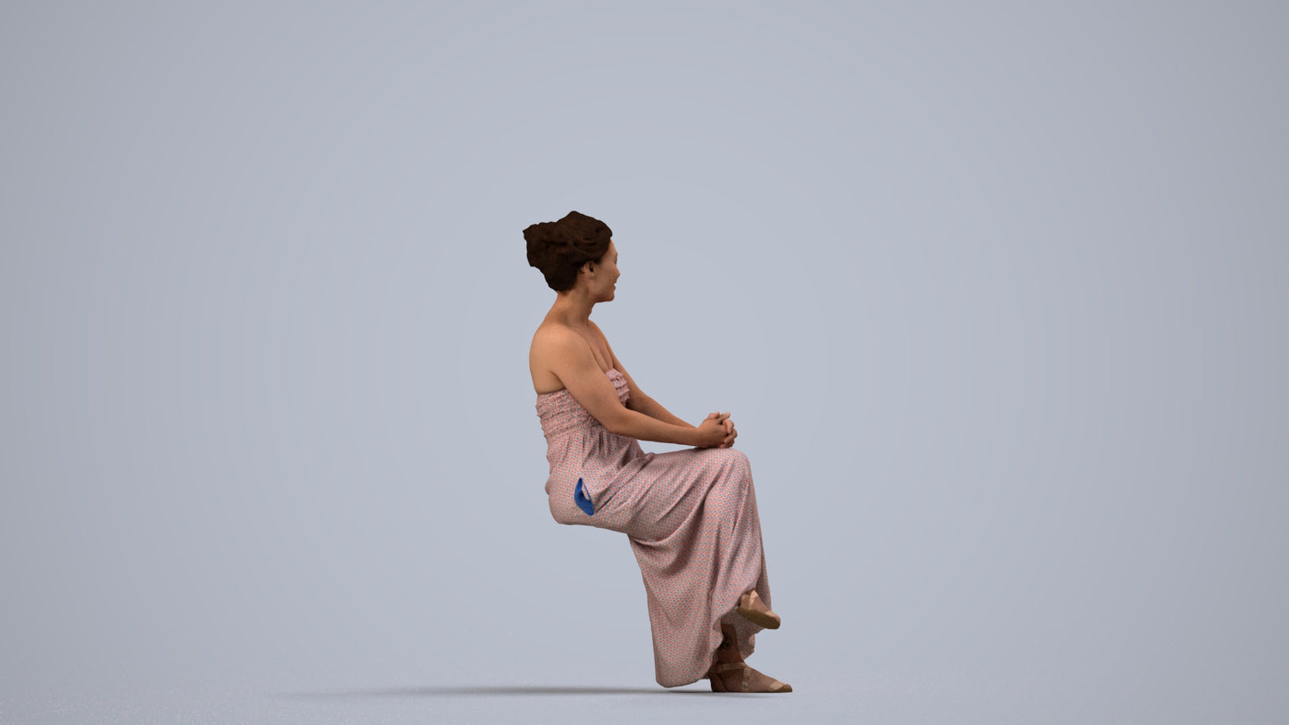 photogrammetry 3D woman casual sitting, realistic human model archviz FBX, side view render
