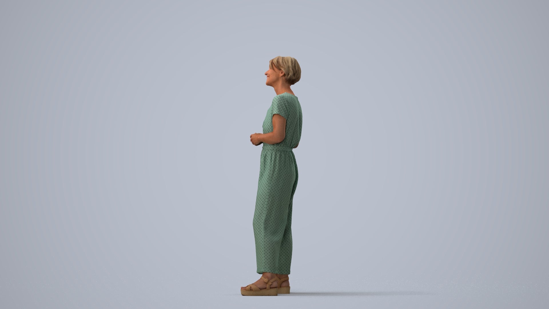 realistic 3D senior woman casual standing, scanned archviz people for Blender and 3ds Max, three-quarter view render