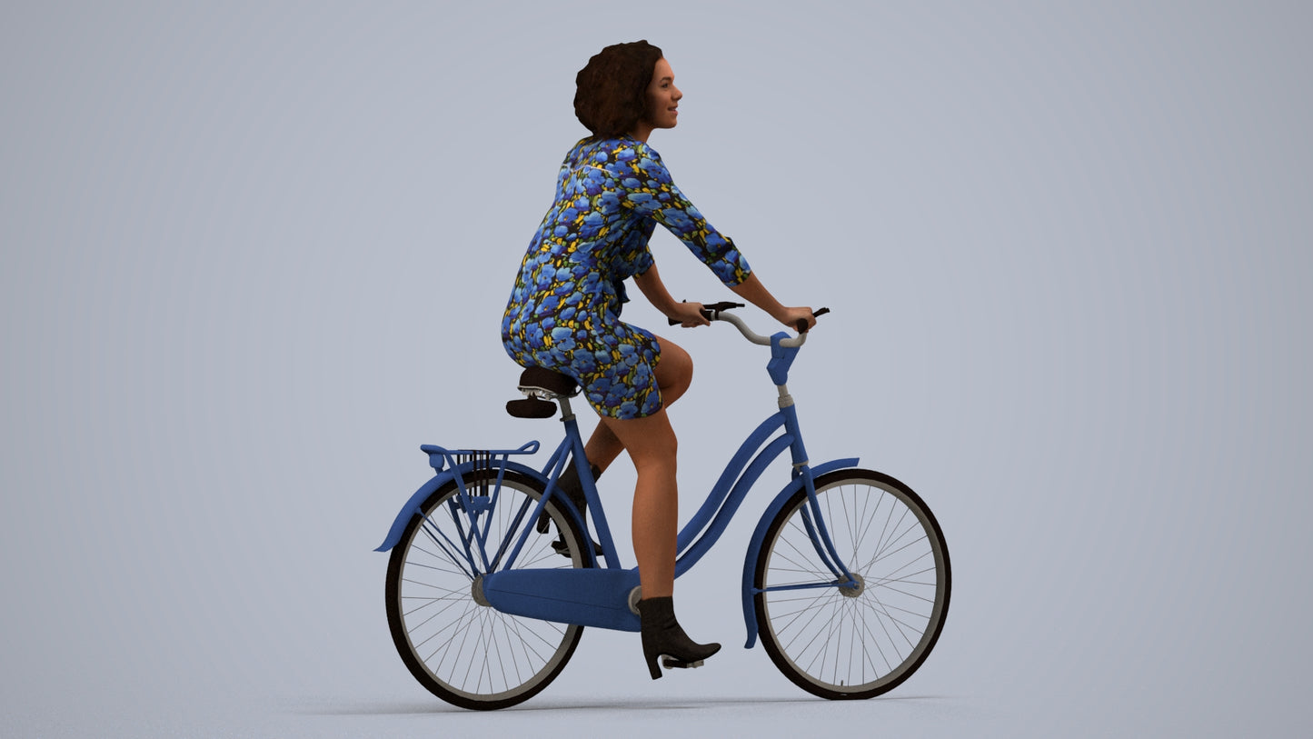 photogrammetry 3D woman casual cycling, realistic human model archviz FBX, side view render