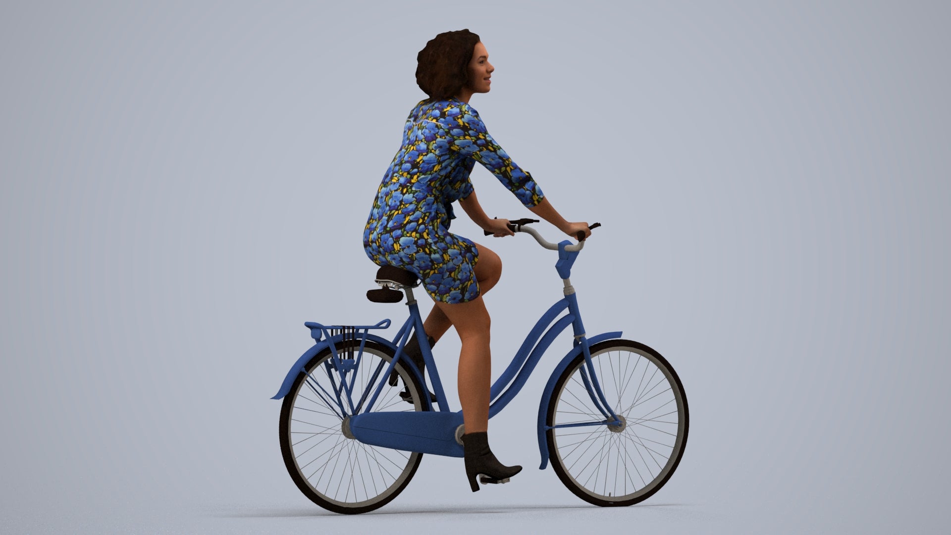 photogrammetry 3D woman casual cycling, realistic human model archviz FBX, side view render