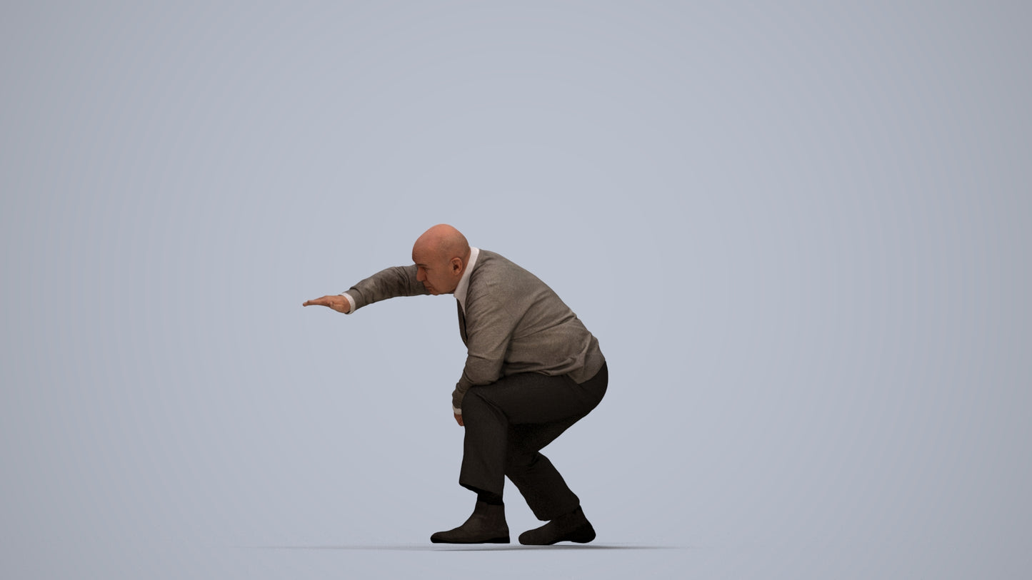 realistic 3D human senior man business standing, archviz people FBX OBJ for Blender, top-down view render