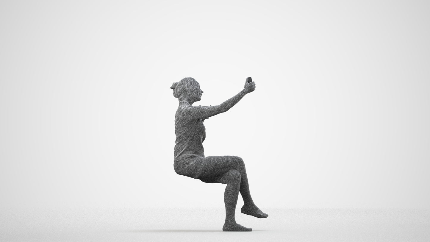 realistic 3D human woman casual sitting, archviz people FBX OBJ for Blender, wireframe side view