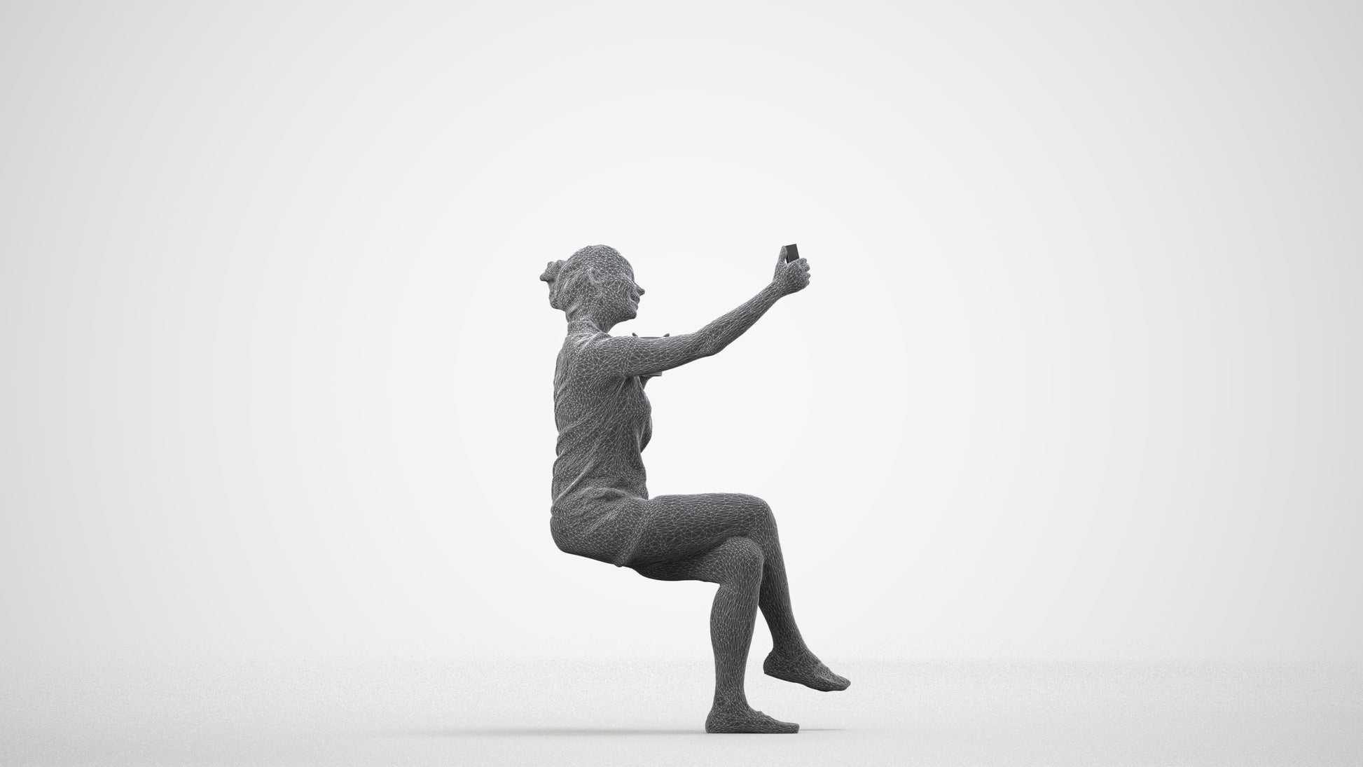 realistic 3D human woman casual sitting, archviz people FBX OBJ for Blender, wireframe side view