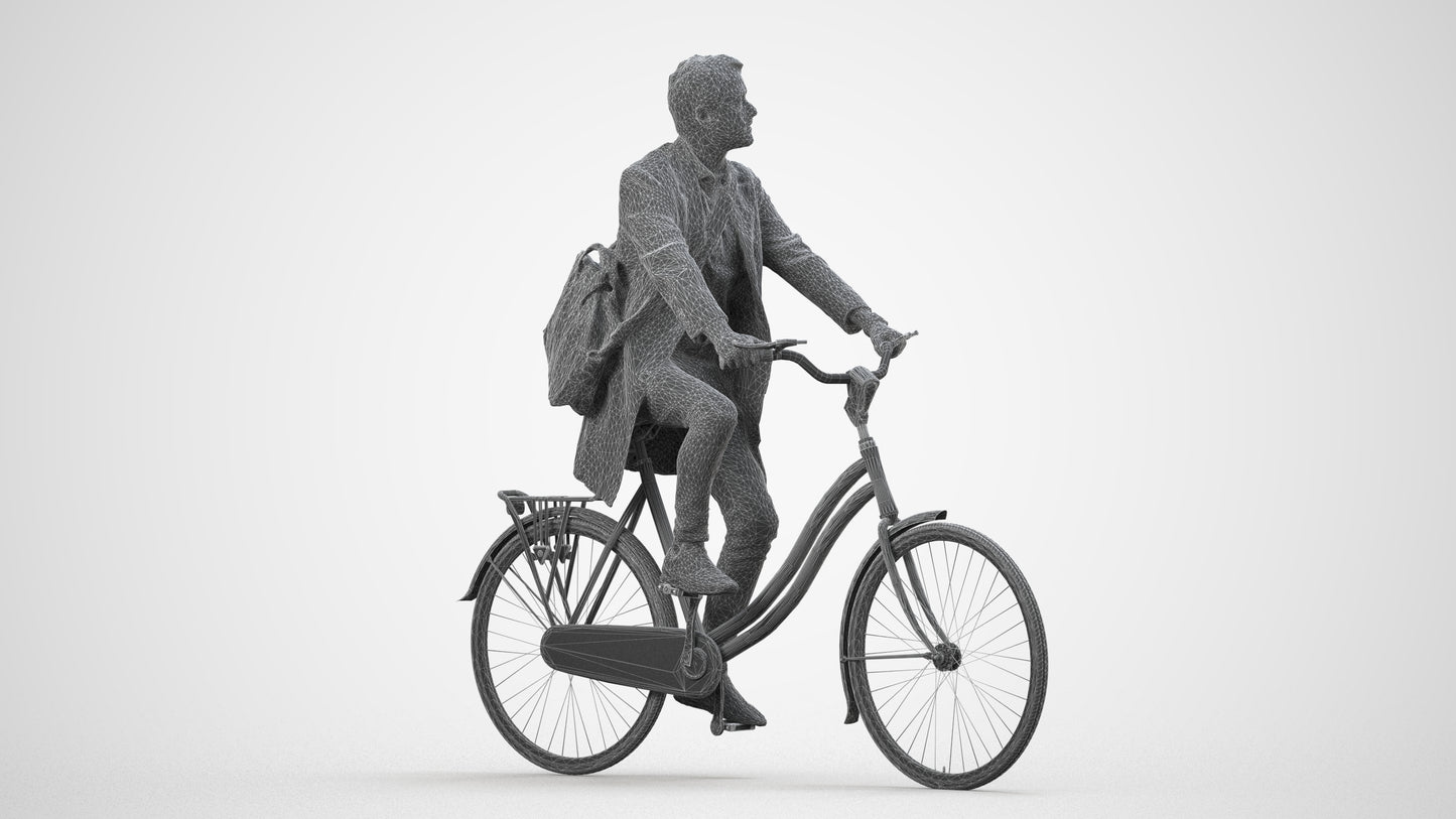 realistic 3D human man business cycling, archviz people FBX OBJ for Blender, wireframe side view