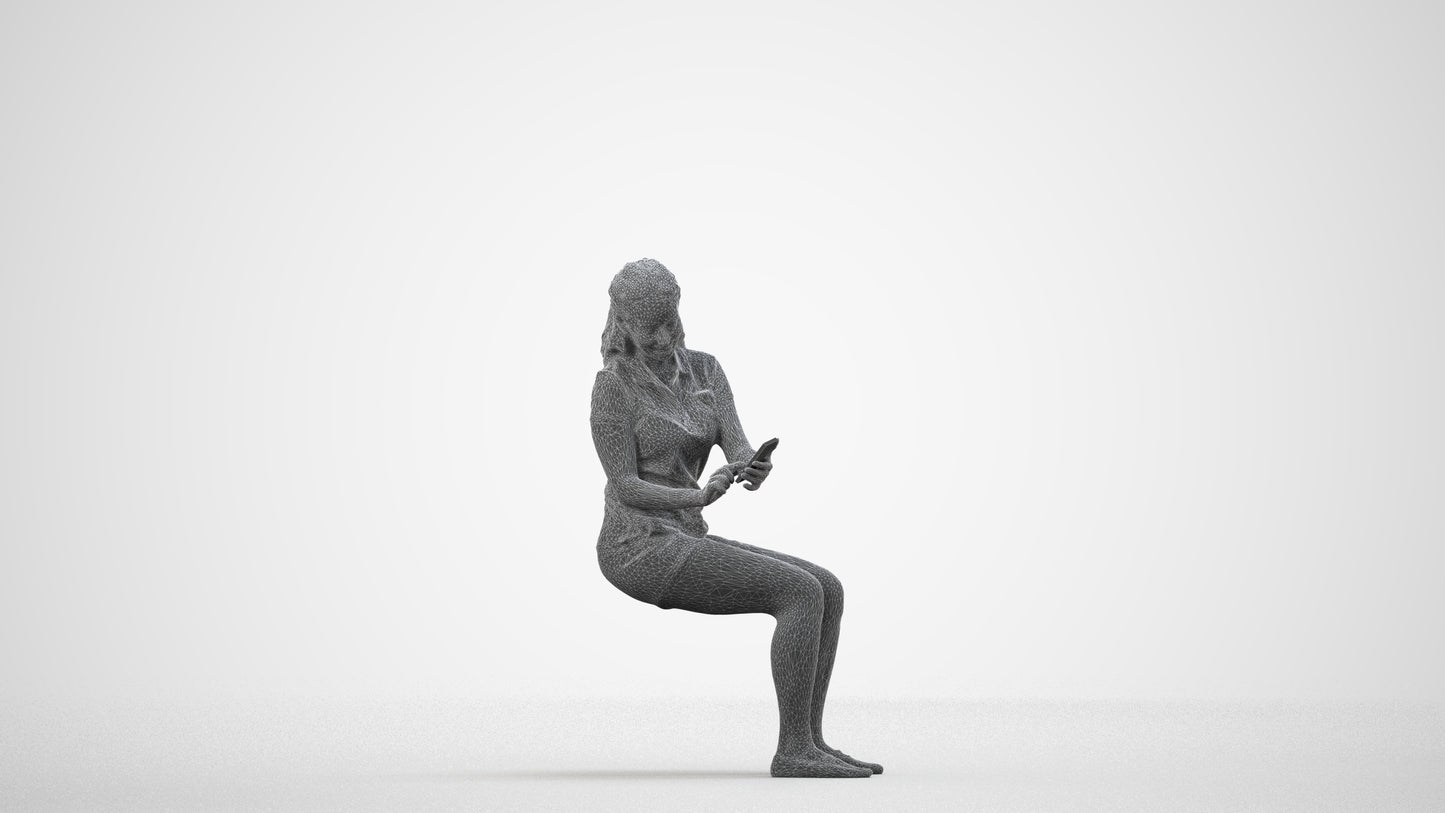 realistic 3D woman casual sitting, scanned archviz people for Blender and 3ds Max, wireframe side view