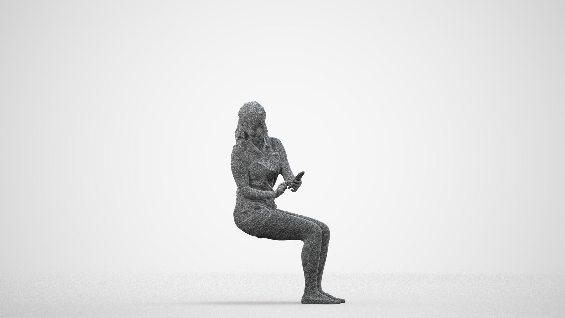 realistic 3D woman casual sitting, scanned archviz people for Blender and 3ds Max, wireframe side view
