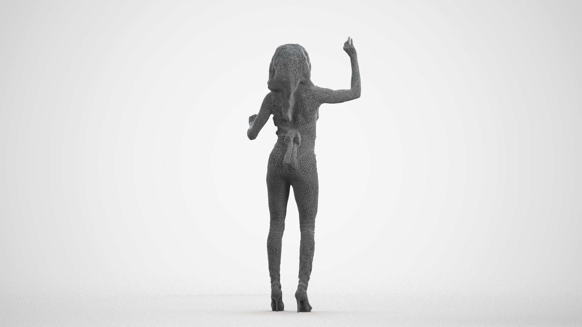 3D human model woman casual standing, photogrammetry scanned person for archviz, wireframe front view