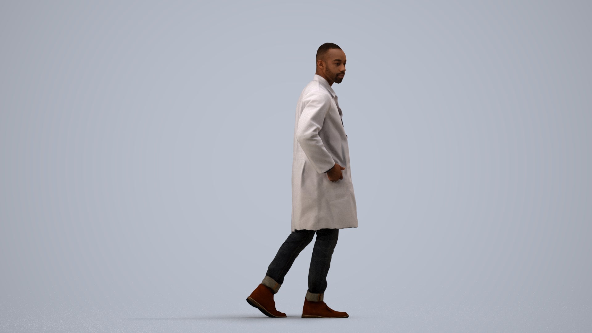3D human model man medical, photogrammetry scanned person for archviz, side view render