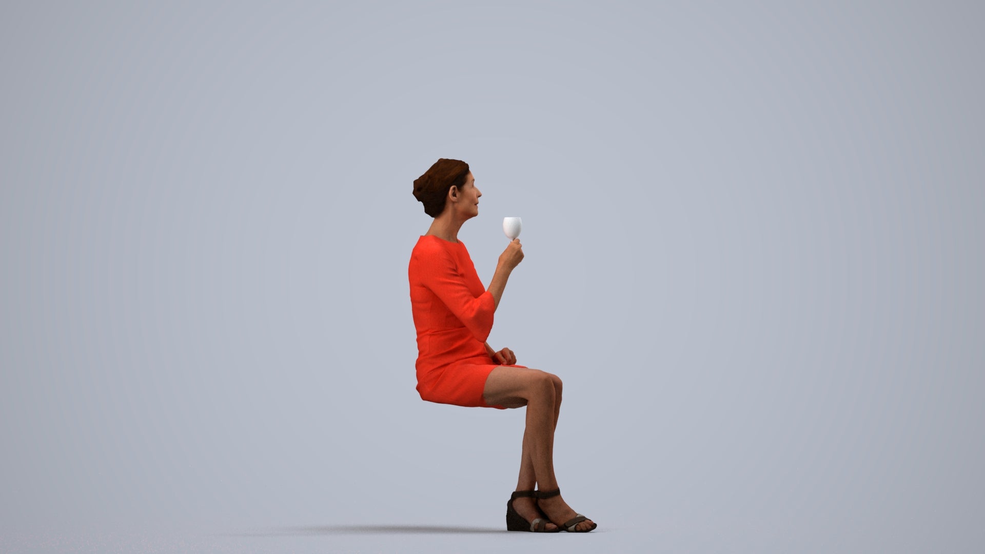 3D scanned senior woman sitting formal, photorealistic archviz people for Enscape and SketchUp, side view render