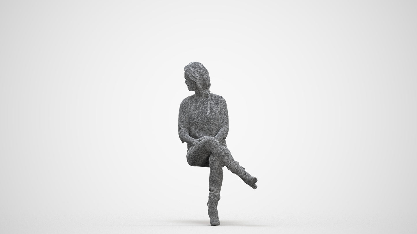 photogrammetry 3D girl business sitting, realistic human model archviz FBX, three-quarter front view render