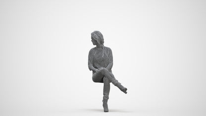 photogrammetry 3D girl business sitting, realistic human model archviz FBX, three-quarter front view render