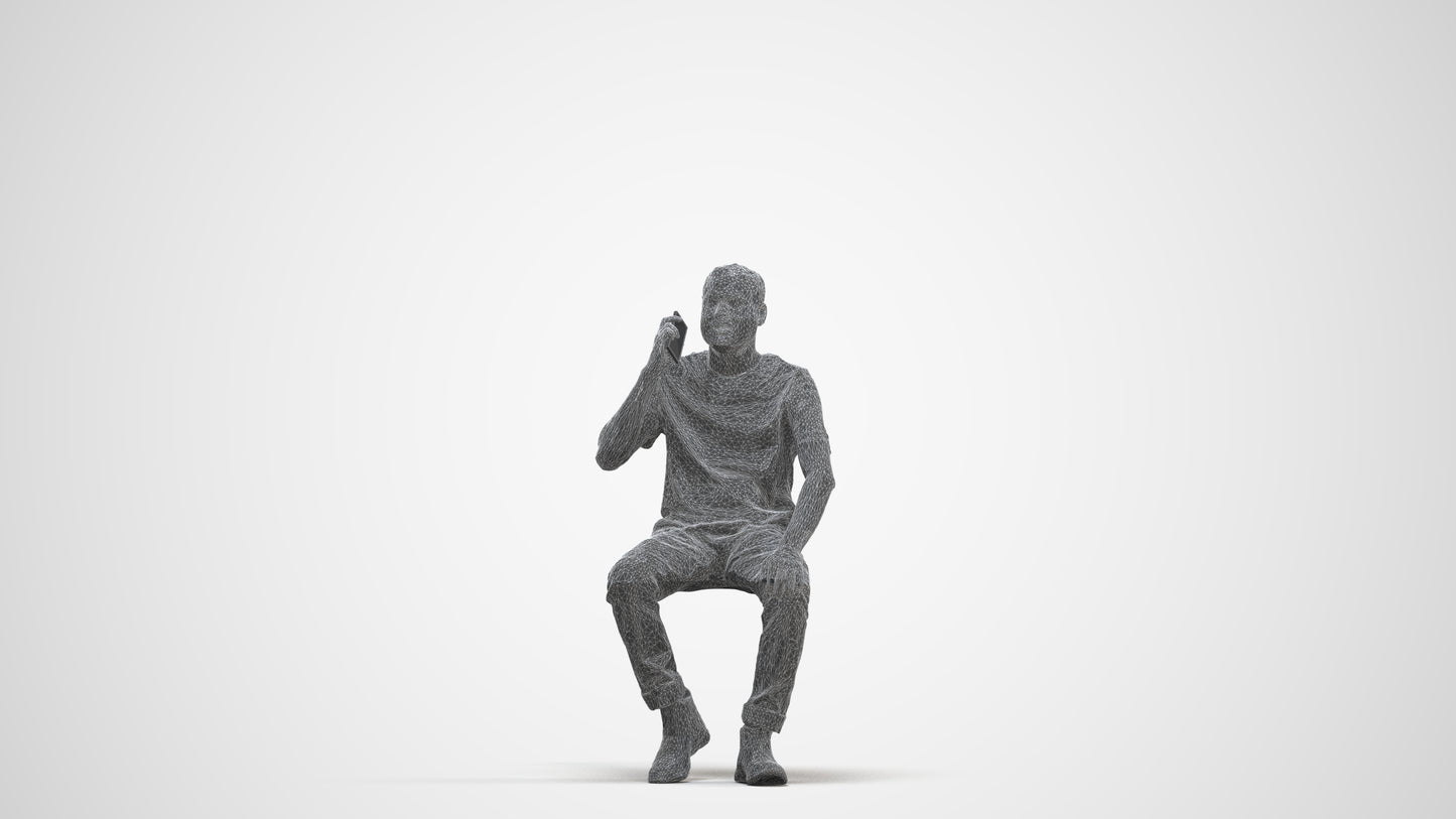 scanned 3D man casual sitting, photogrammetry people for Enscape and V-Ray, three-quarter front view render