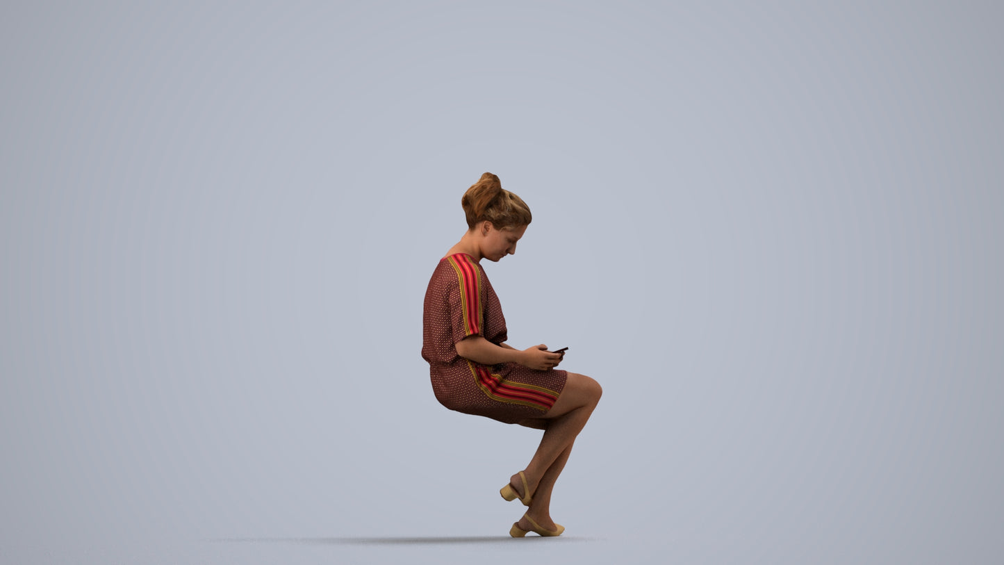 realistic 3D woman casual sitting, scanned archviz people for Blender and 3ds Max, side view render