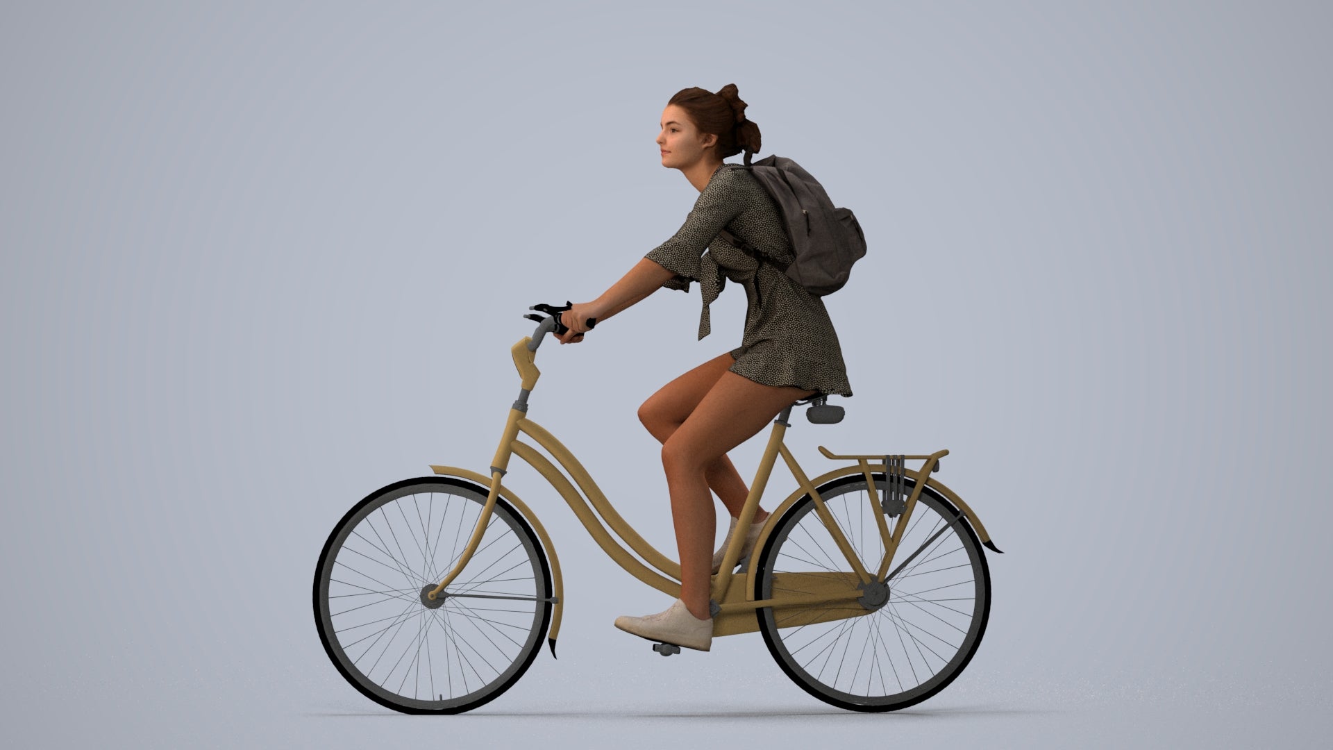photogrammetry 3D girl casual cycling, realistic human model archviz FBX, three-quarter view render