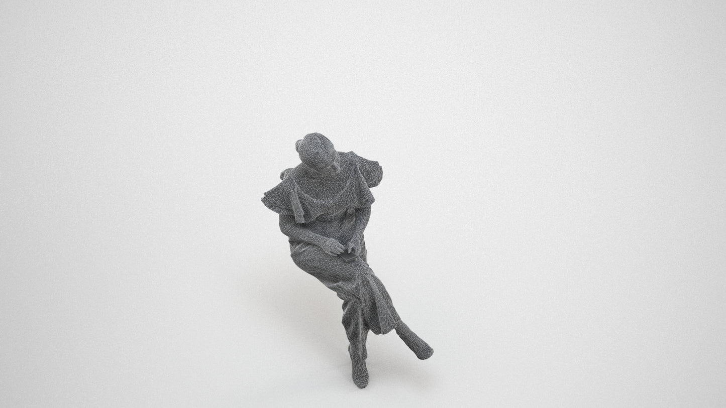 realistic 3D woman business sitting, scanned archviz people for Blender and 3ds Max, wireframe three-quarter view