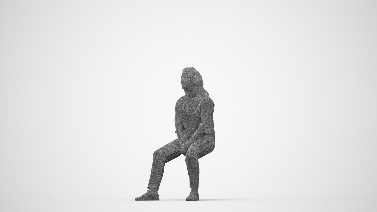 realistic 3D woman casual sitting, scanned archviz people for Blender and 3ds Max, wireframe back view