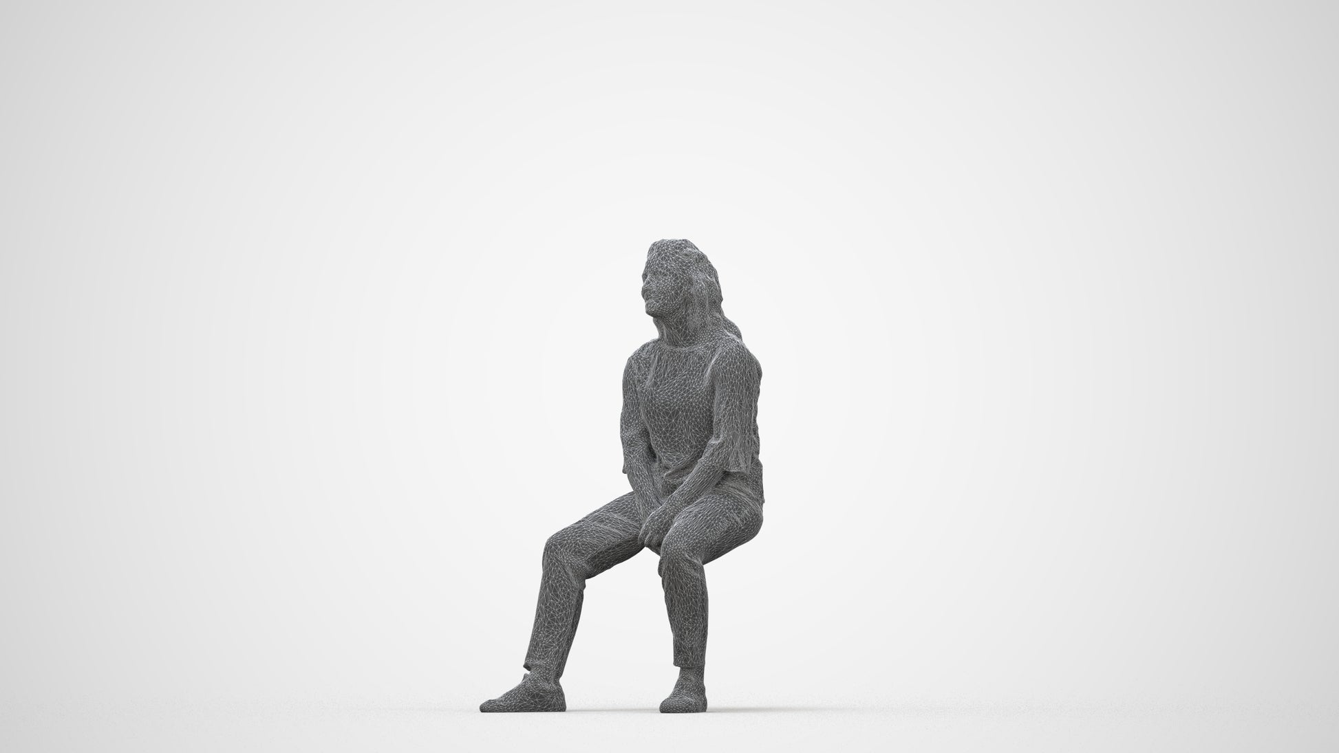 realistic 3D woman casual sitting, scanned archviz people for Blender and 3ds Max, wireframe back view
