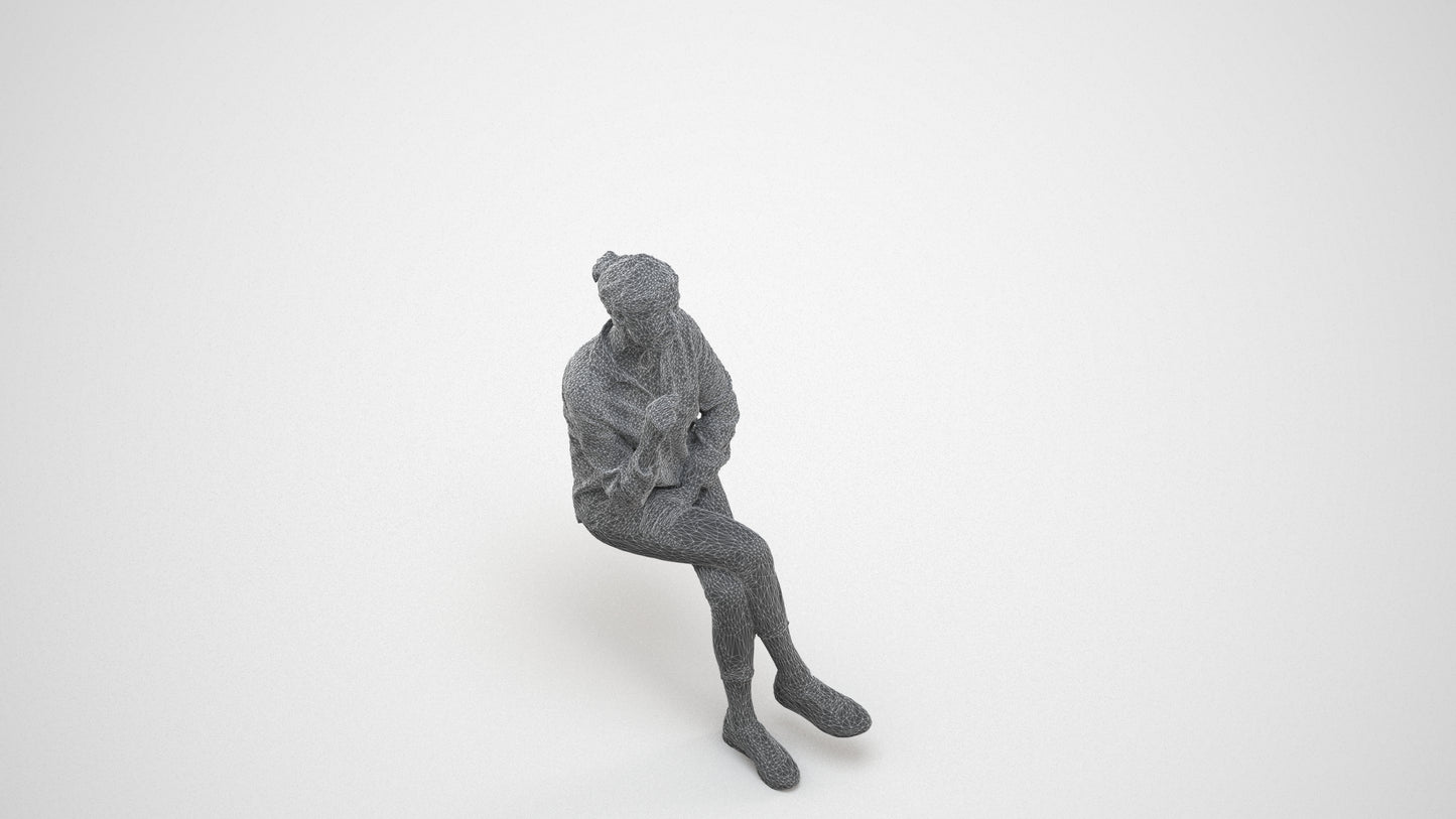 realistic 3D senior woman casual sitting, scanned archviz people for Blender and 3ds Max, wireframe three-quarter view