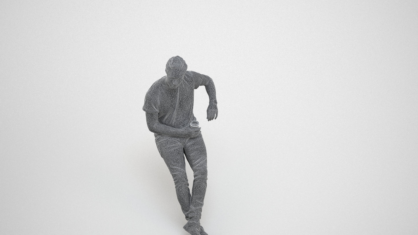 3D people model man casual sitting, scanned human for 3ds Max rendering, wireframe three-quarter view